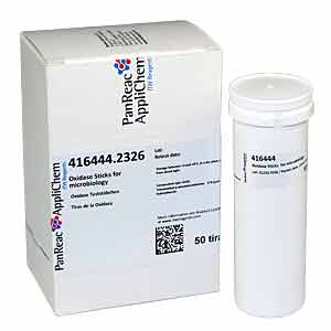 Oxidase Teststbchen fr die Mikrobiologie VE= 50Streifen</p>Oxidase Sticks for microbiology (Oxidase test strips for microbiology)</p>Laborbedarf,Teststbchen,Oxidase-Teststbchen