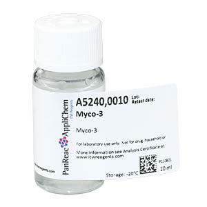 Myco-3, fr die Behandlung Mycoplasmen-infizierter Zellen, Menge: 10ml</p>Myco-3, for the treatment of Mycoplasma-infected cells.</p>Laborbedarf,Biochemikalien,Myco-3,Mycoplasmenbehandlung