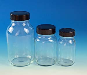 Gewindeflasche Weithals, Weithals-Verpackungsflaschen mit Gewinde und Schraubverschluss,Klarglas<br>Wide neck bottles with thread and screw cap, clear glass<br>Laborbedarf,Laborglas,Laborflaschen