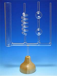 Kommunizierende Rhren fr schulische Demonstrationen aus Klarglas mit Holzfu, mit 4 verschiedenen geformten Rhren</p>Communicating vessels of glass with 4 different tubes</p>Vases communicants en verre  4 tubes de forme diffrente</p>Laborbedarf, Schulmaterialien,Kommunizierende Rhren