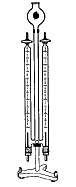 Wasserzersetzungsapparat nach Hoffmann</p>Water decomposition apparatus  acc. to Hoffmann. consists of glass  part with two parallel tubes,  graduated, stopcock with rubber stopper, two  platinum electrodes and metal support</p>Laborbedarf Glasgerte Volumenmessung Wasser- und Umweltanalytik