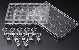 Einstze, hngend , fr 24-well Zellkulturplatten, Membran PET (Polyethylenterephthalat),Arbeitsvolumen 0.2-0.35ml, steril,12/48<br>Insert for 24-well-cellculture plates, hanging, working volume  0.2-0.35ml<br>Laborbedarf,Zellkultur,Inserts