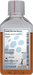 Fetales Klberserum (Herkunft Brasilien),dialysiert, 500ml</p>Foetal Bovine Serum, Collected in Brazil, dialysed, 500ml</p>Zellkulturmedien,fetales Klberserum, aus Sdamerika