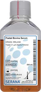 Fetales Klberserum (Herkunft Irland), Dreifach 0,1 m steril gefiltert , 500ml</p>Foetal Bovine Serum, Collected in Irland,Triple 0.1 m Sterile Filtered, 500ml</p>Zellkulturmedien,fetales Klberserum, gesammelt in Australien